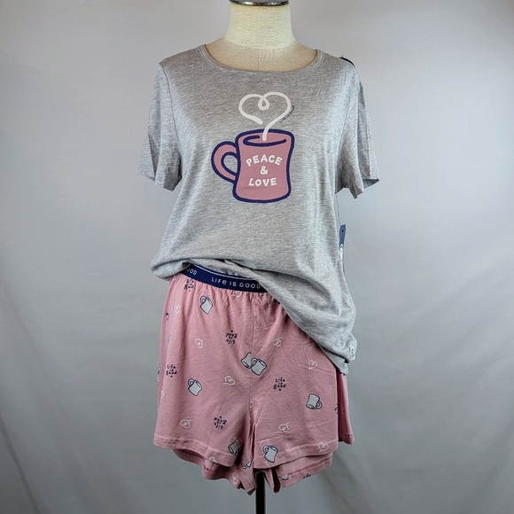 Life Is Good PJ Set Short Sleeve Top Shorts Peace & Love Coffee Grey Pink L NWT - Picture 1 of 12